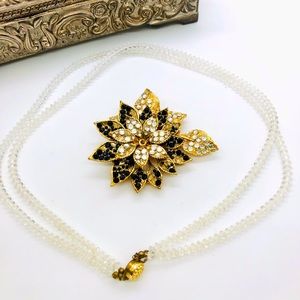 Vintage Deco Clear Crystal Necklace & Rhinestone Flower Brooch